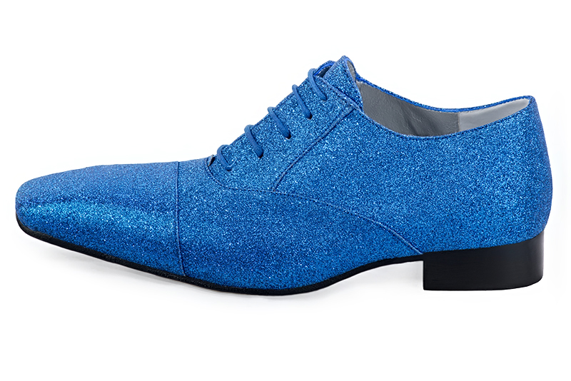 Electric blue women's elegant sneakers. Square toe. Flat leather soles. Profile view - Florence KOOIJMAN